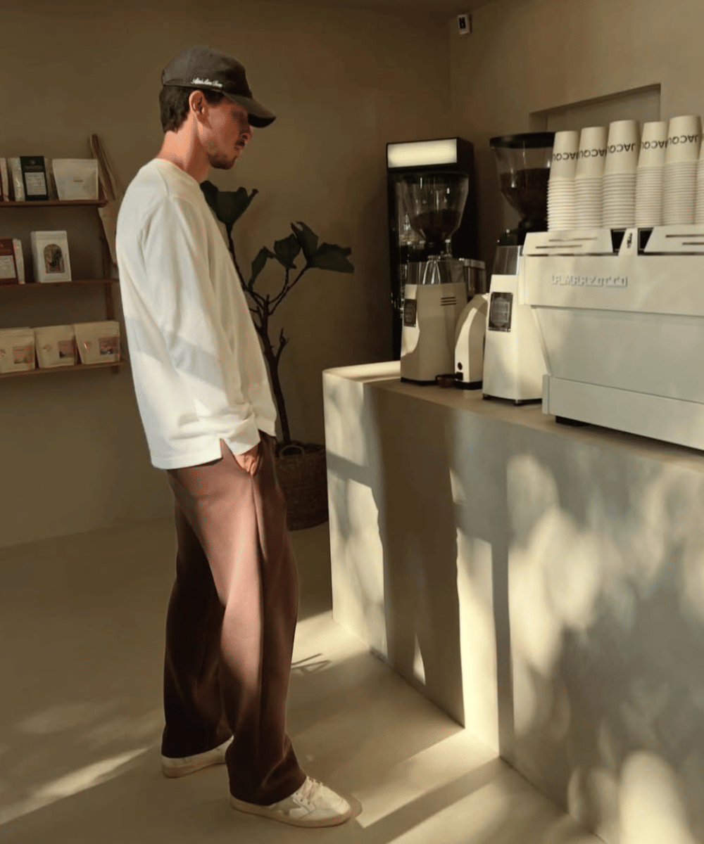 Sweater santai bernuansa cokelat dengan baseball cap