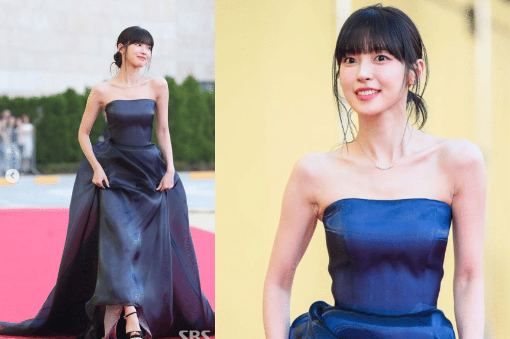 Arin elegan dalam balutan gaun biru tua berkilau