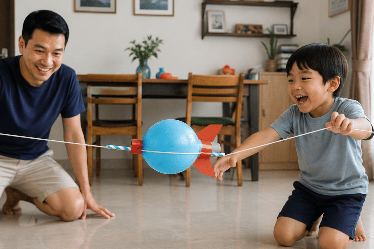 Roket balon dan tali bisa menjadi ide untuk mainan di rumah bersama anak