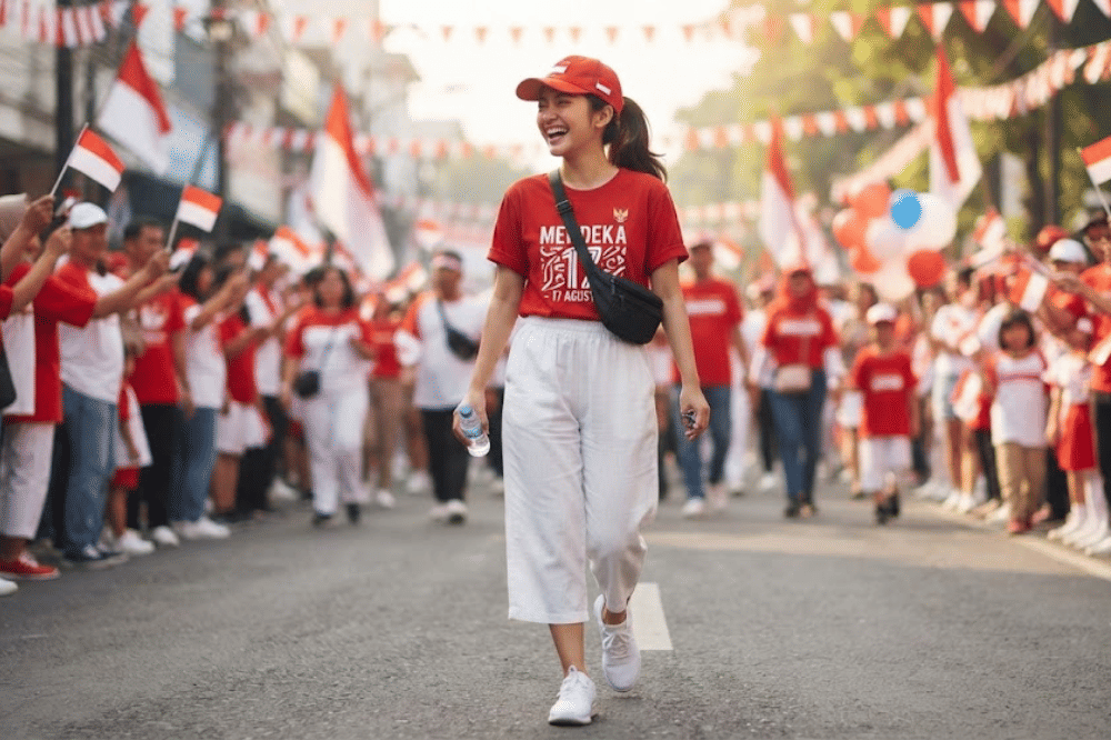 Kaus grafis merah putih dan celana kulot