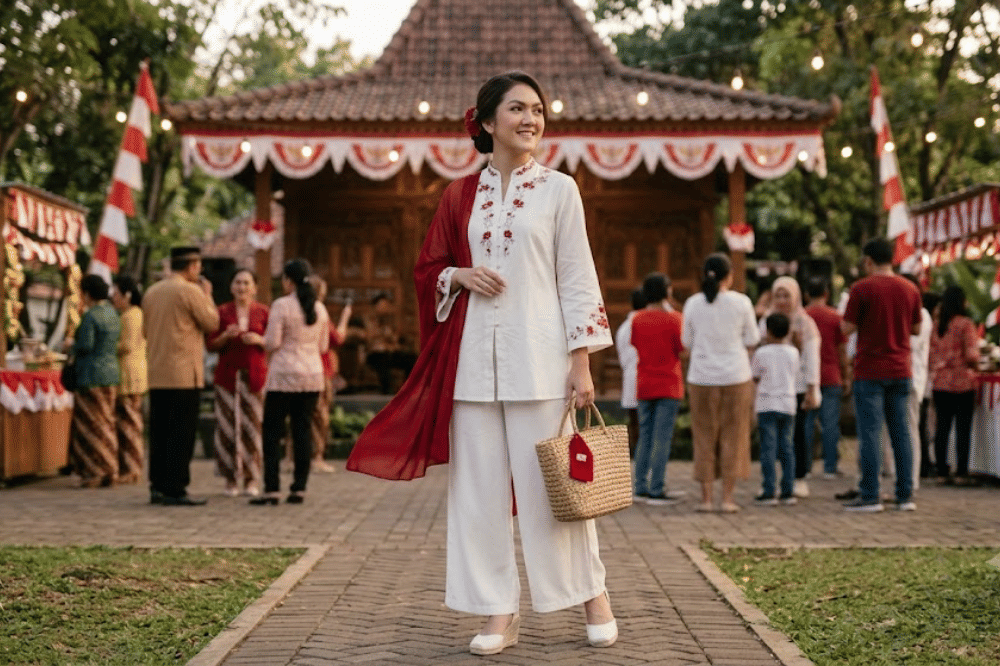 Blus kebaya putih berbordir merah dan celana palazzo