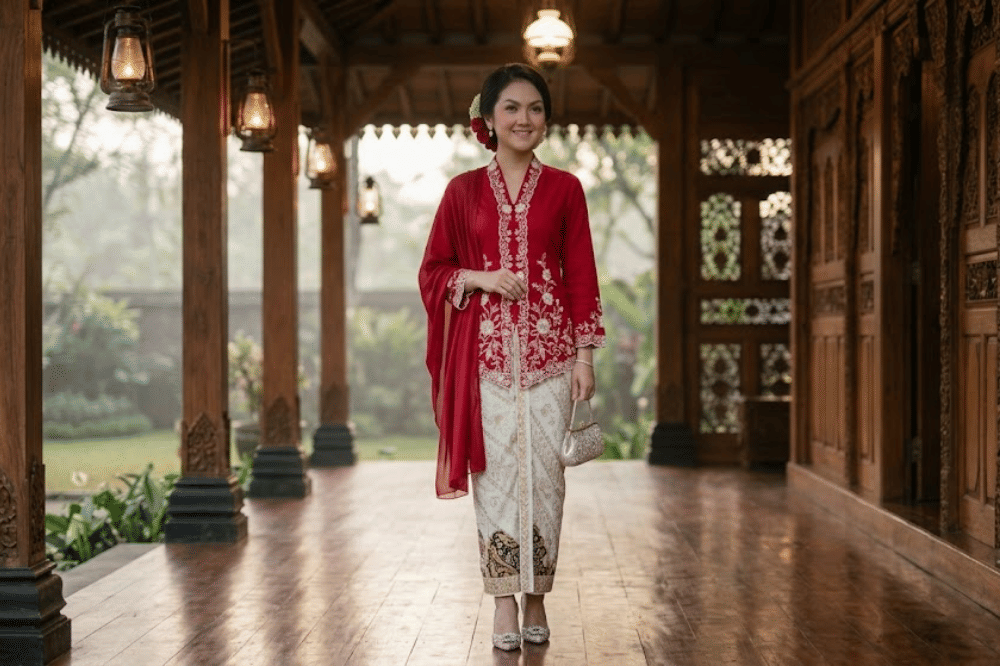 Kebaya encim merah motif bunga putih