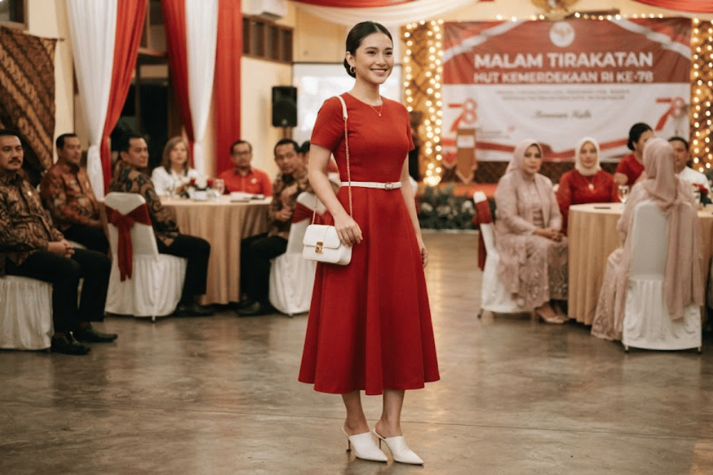 Dress merah feminin dengan aksen putih
