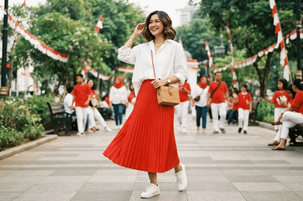 Kemeja putih oversized dan rok plisket merah
