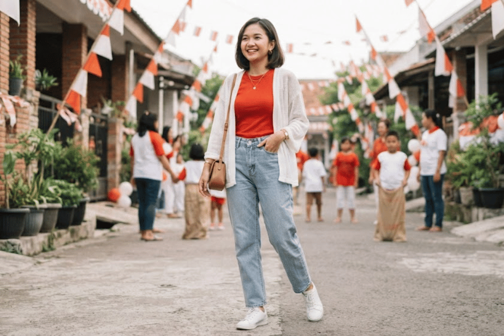 Tampil chic dengan outer putih dan inner merah