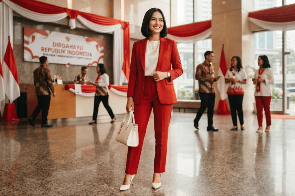 Setelan blazer merah untuk gaya semi-formal