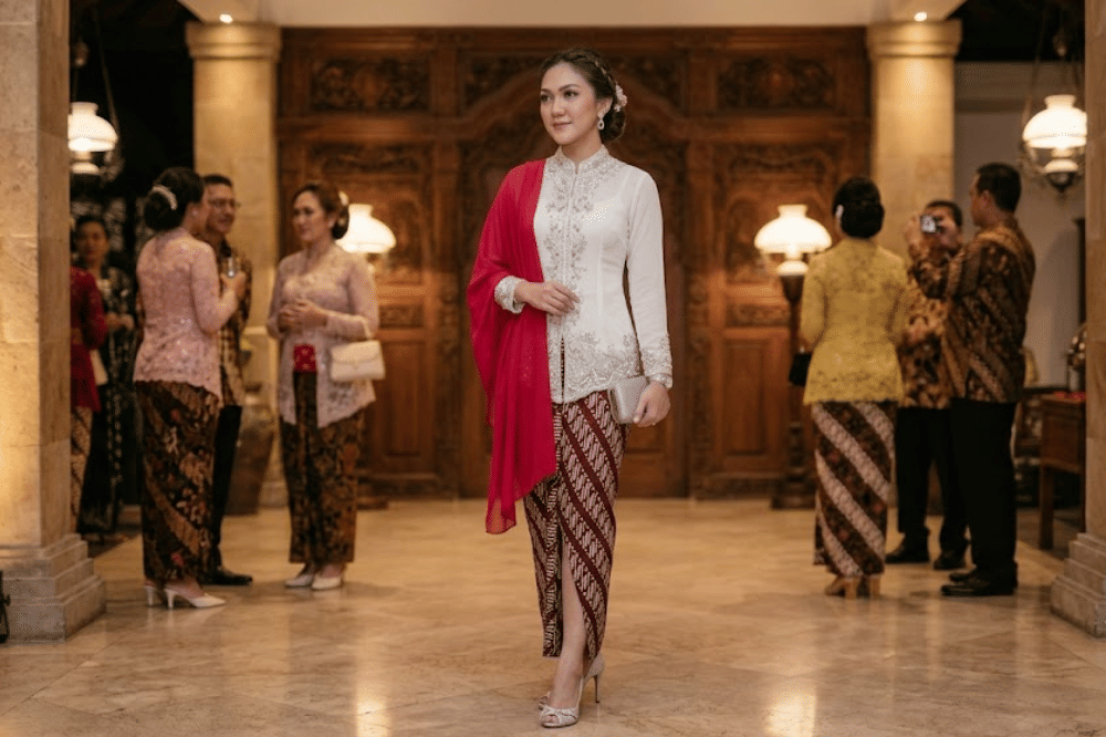 Kebaya modern putih berpayet dan selendang merah