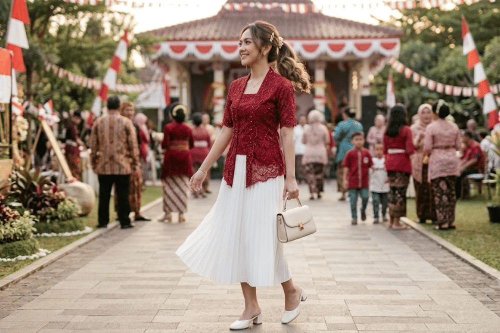 Kebaya brokat merah modis dengan rok plisket putih
