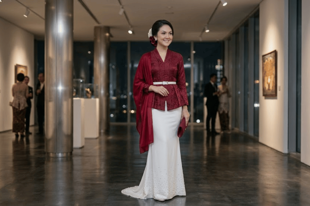 Kebaya peplum merah modern dengan belt putih