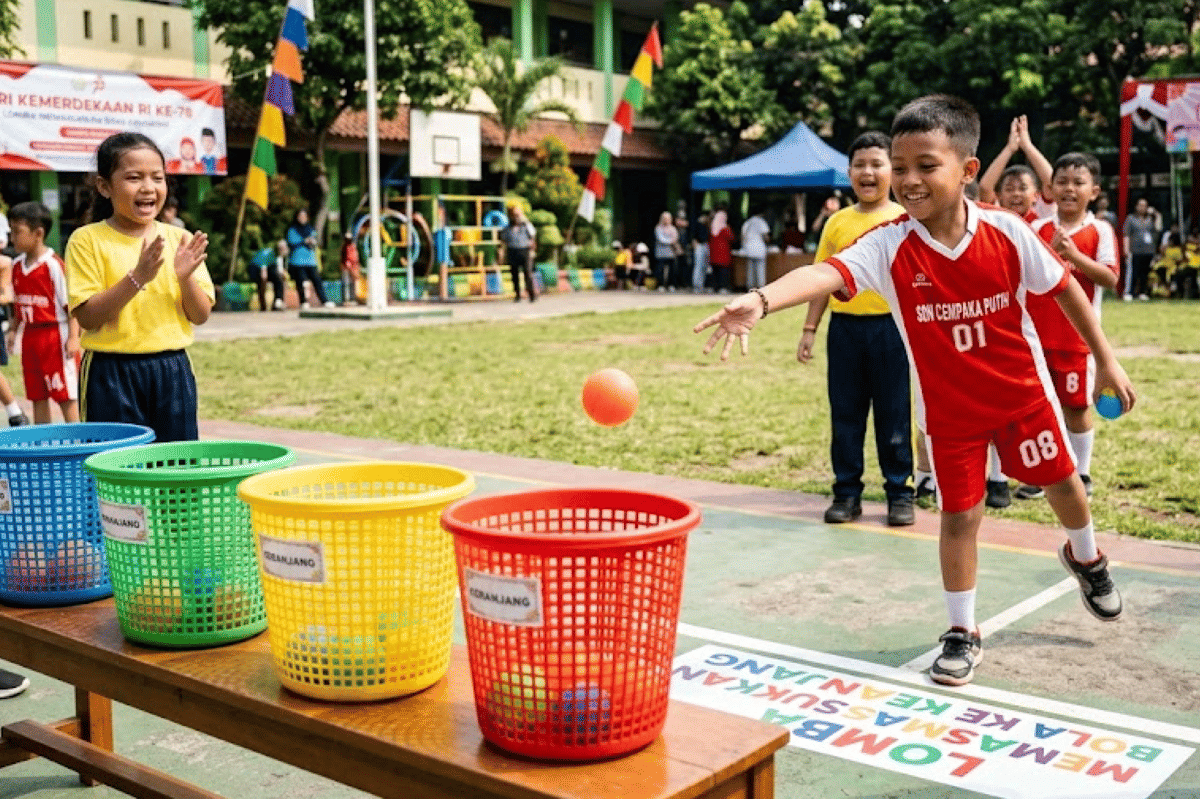 Lomba memasukkan bola ke keranjang melatih koordinasi mata dan tangan