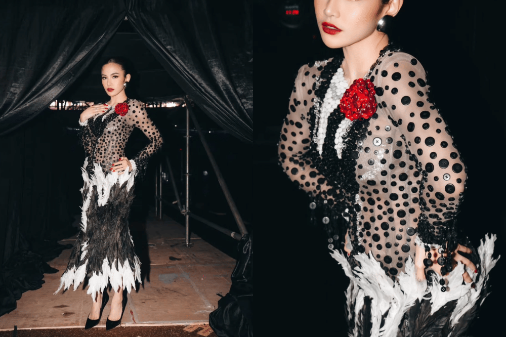 Elegan dan glamor dengan gaun bulu bermotif polkadot