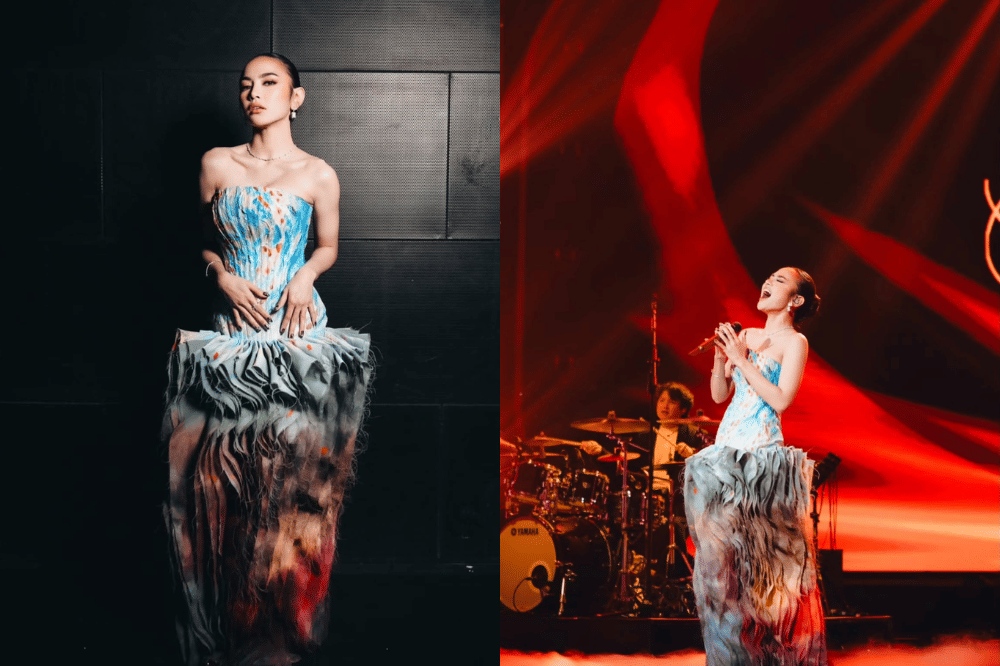 Tampil bak dewi laut dengan gaun strapless penuh tekstur