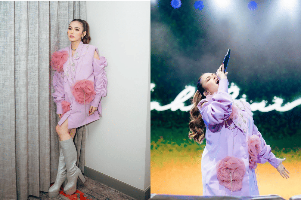 Manis dan unik dengan blazer lilac dan aplikasi bunga ruffles