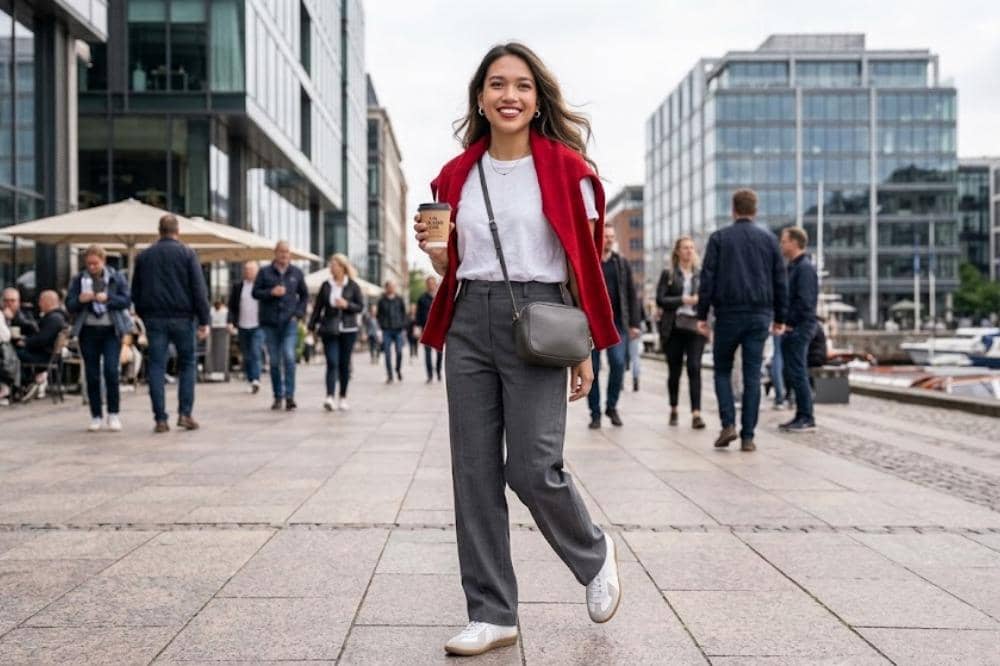 Pilih cardigan atau sweater merah sebagai outer simpel
