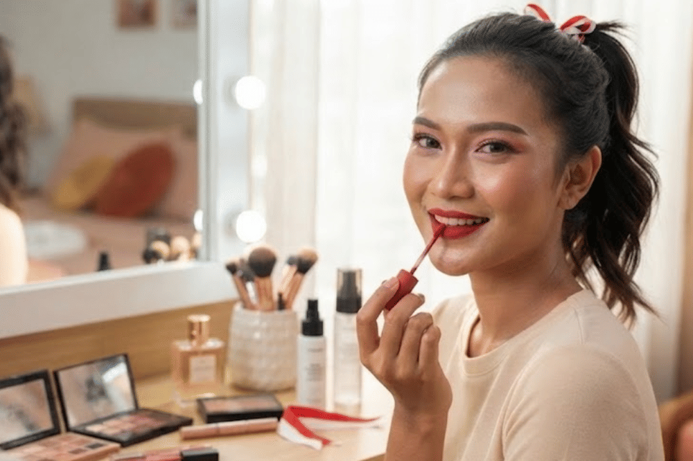 Pilih lipstik transferproof dan riasan mata yang tahan air
