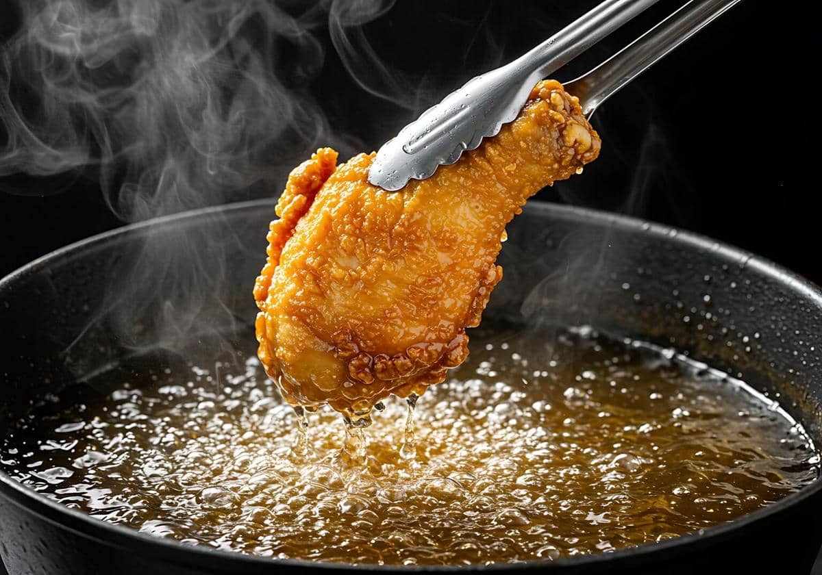 ilustrasi masak ayam goreng, kriuk, krispi, crispy fried chicken, paha ayam, minyak goreng