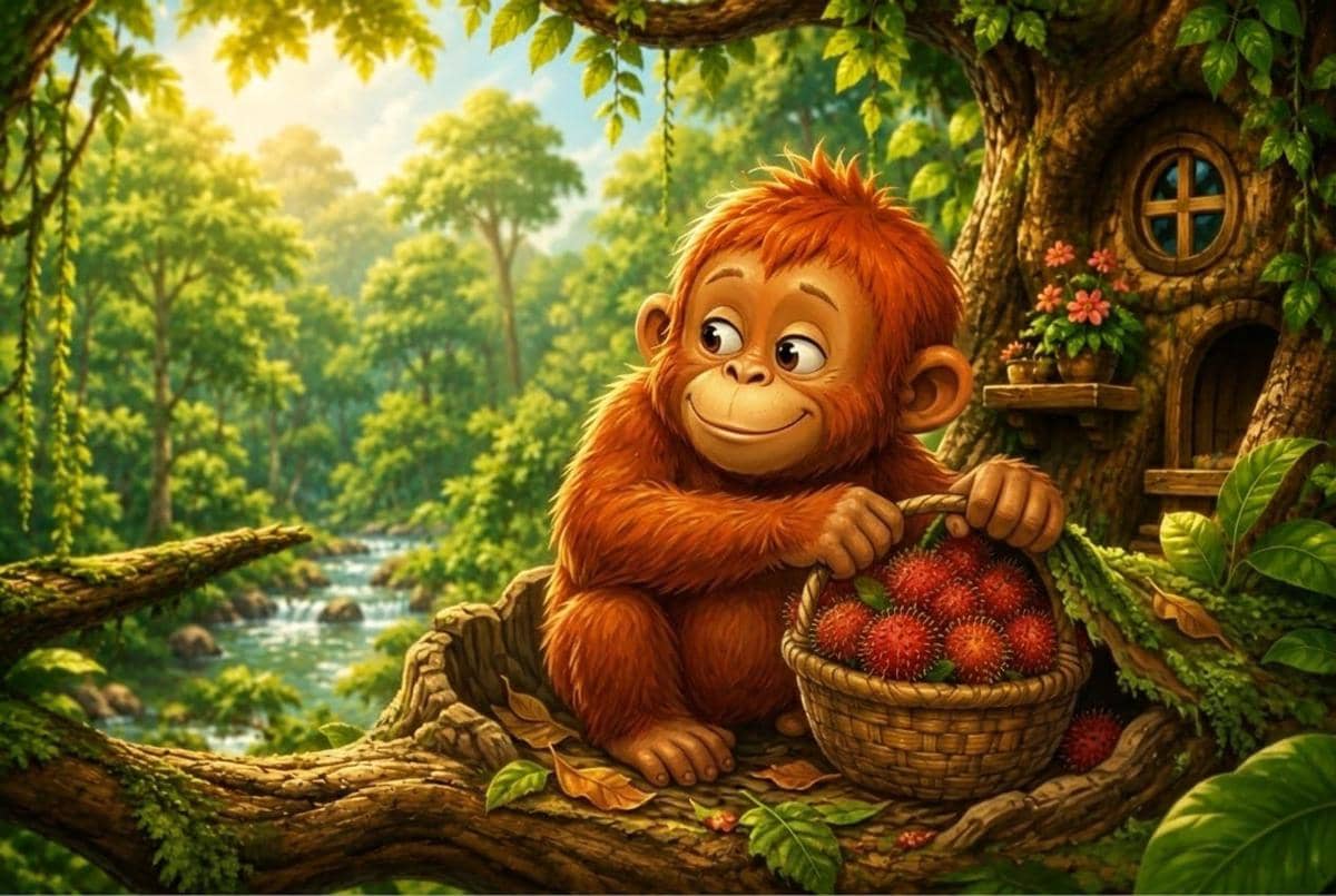 Oki si Orangutan menyimpan rambutan sisa ke tempat rahasia