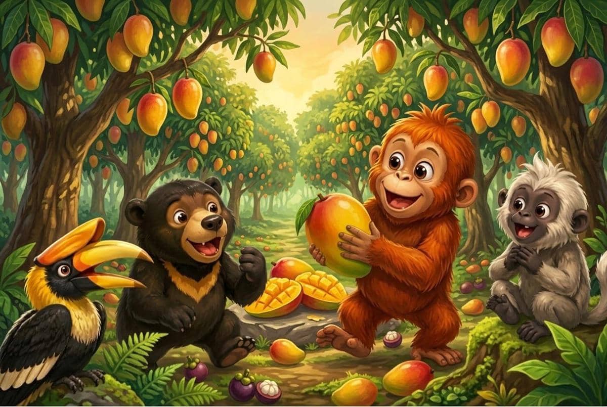 Oki si Orangutan pesta buah bersama teman-teman
