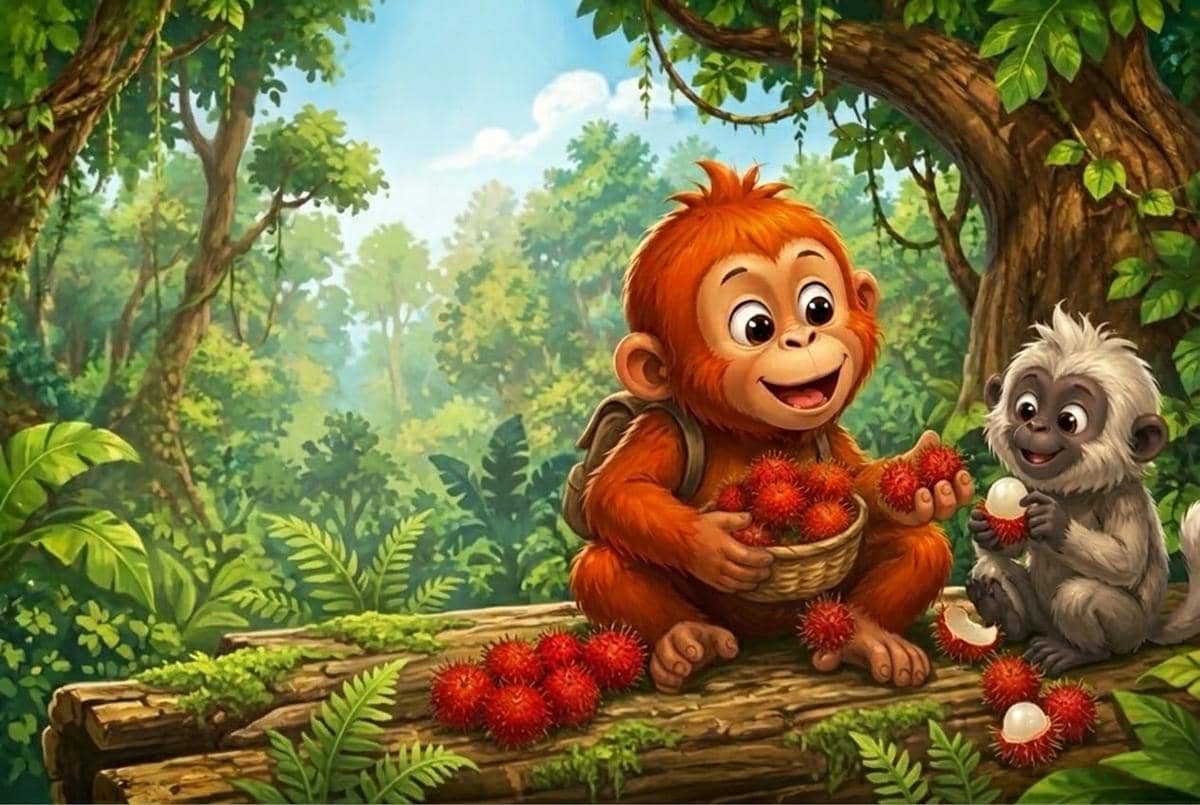 Oki si Orangutan yang belajar berbagi dengan temannya, Lala si Lutung