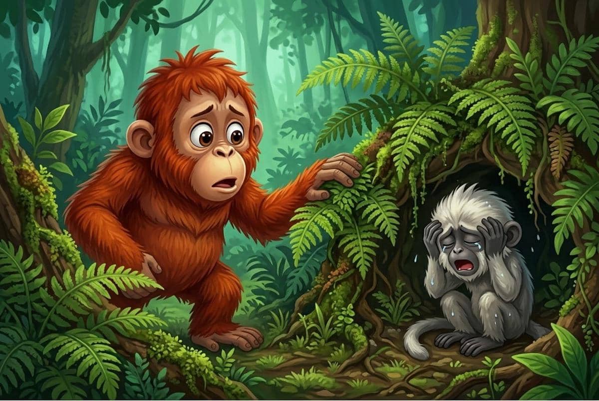 Oki si Orangutan melihat temannya menangis kelaparan