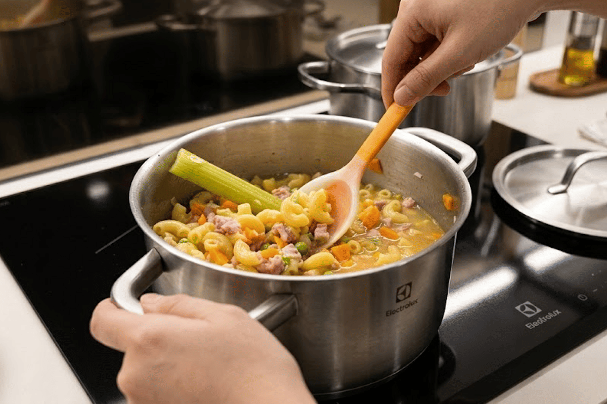 Ayam dan pasta makaroni dimasukkan terakhir