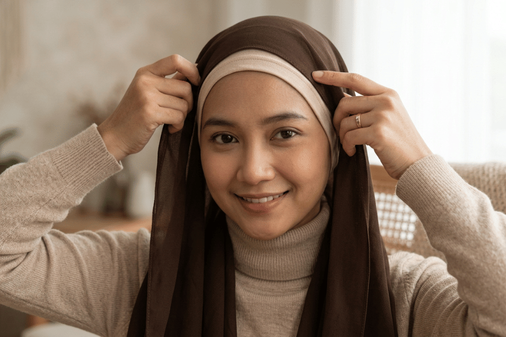 Posisikan hijab sedikit ke belakang