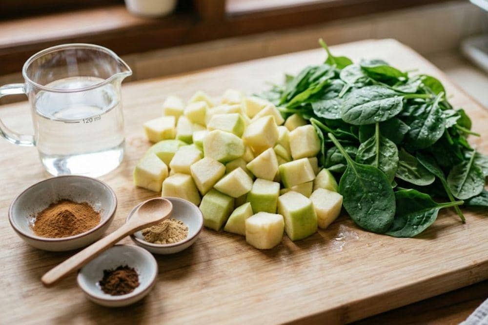 Bahan-bahan membuat bubur apel dan bayam untuk MPASI