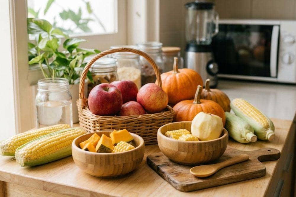 Bahan-bahan membuat bubur apel dengan jagung dan labu untuk MPASI