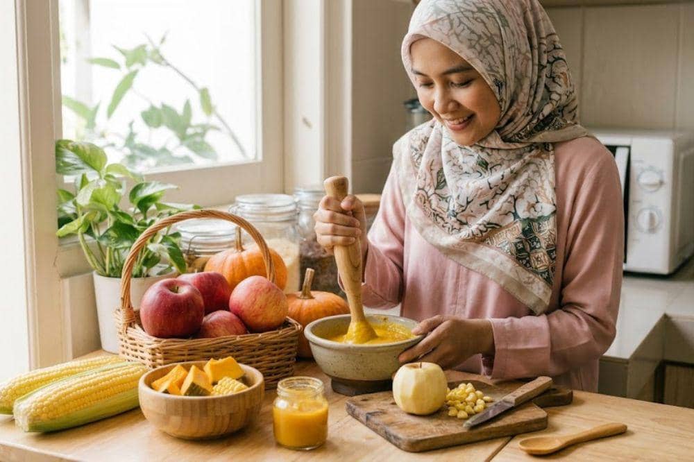 Cara membuat bubur apel dengan jagung dan labu untuk MPASI