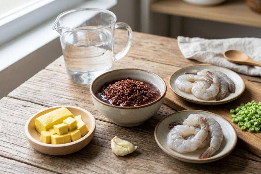 Bahan-bahan bubur beras merah udang buncis tahu untuk MPASI