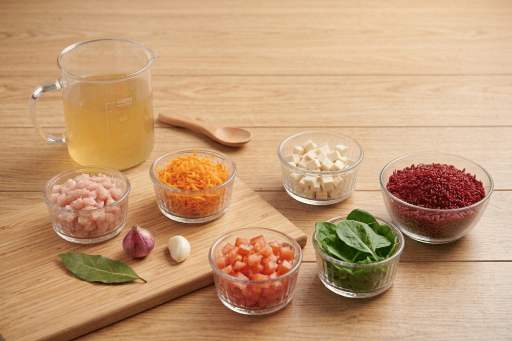 Bahan-bahan bubur beras merah pelangi