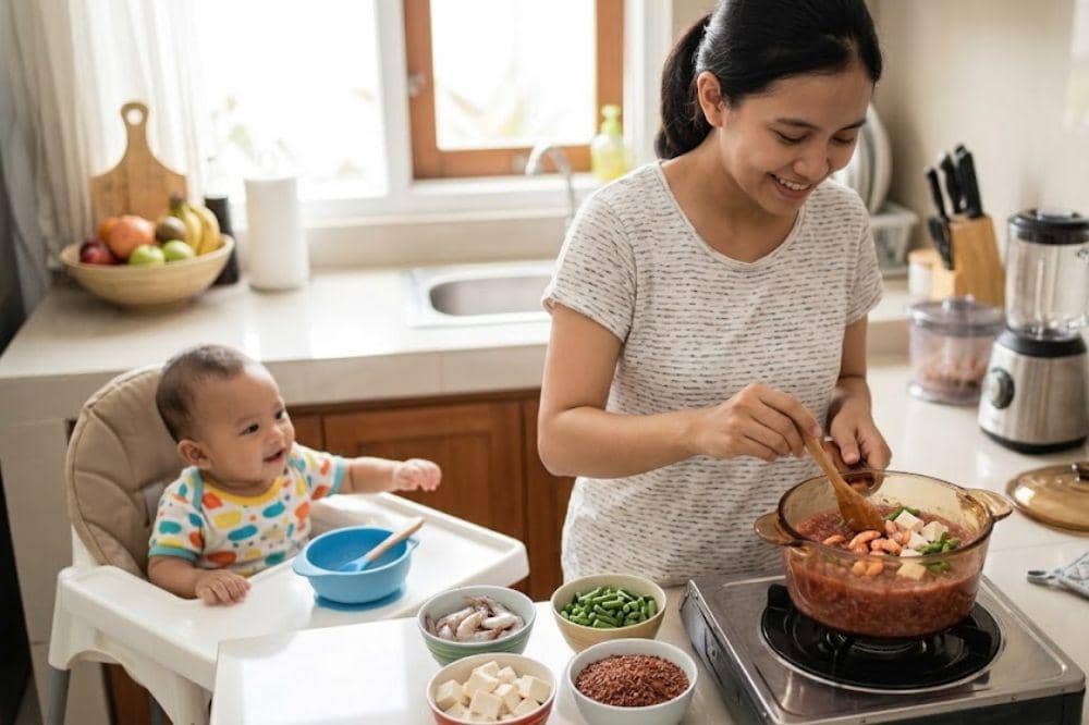 Cara membuat bubur beras merah udang buncis tahu untuk MPASI