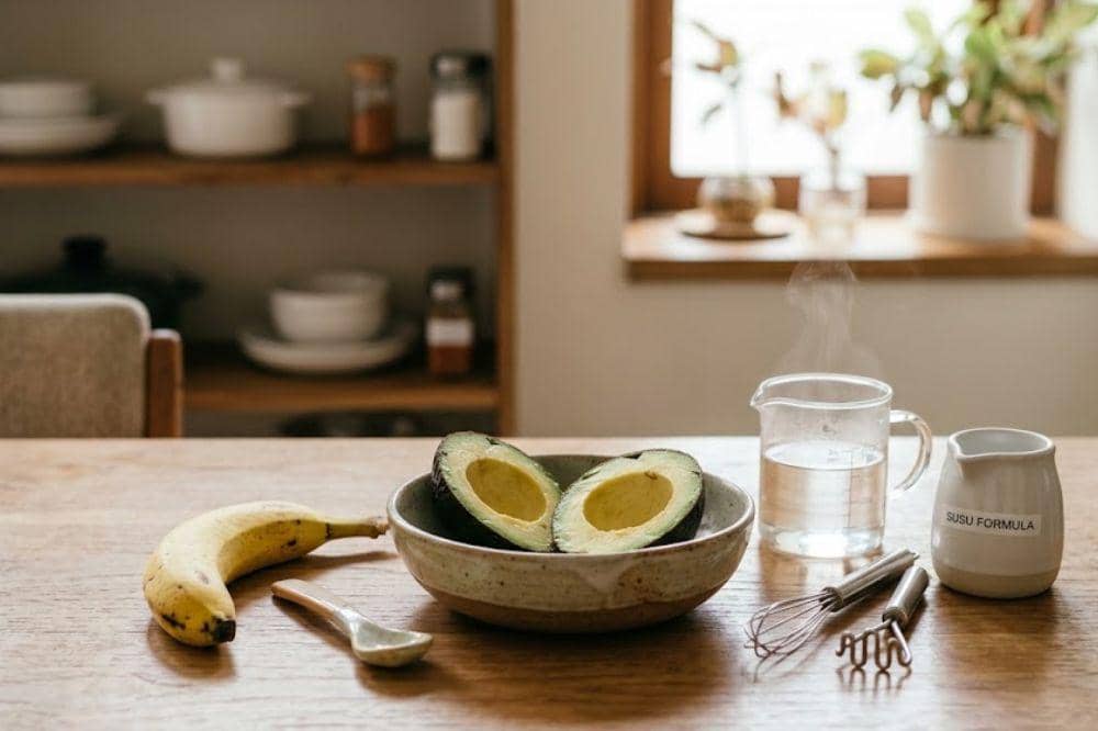 Bahan-bahan membuat puree pisang dan alpukat untuk MPASI