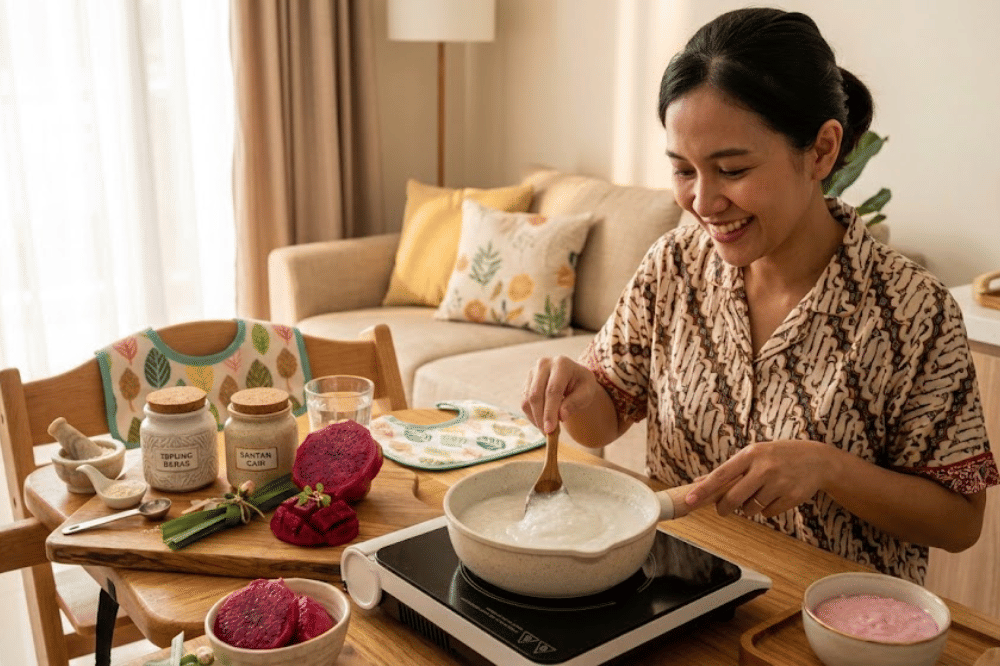 Cara membuat bubur sumsum saus buah naga