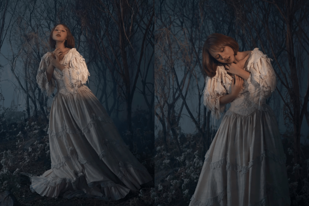 Gaun renda bertumpuk warna off-white yang magis
