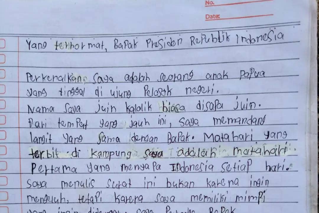Surat sederhana dan tulisan indah Juin Kalolik bahas kesenjangan pendidikan di Papua