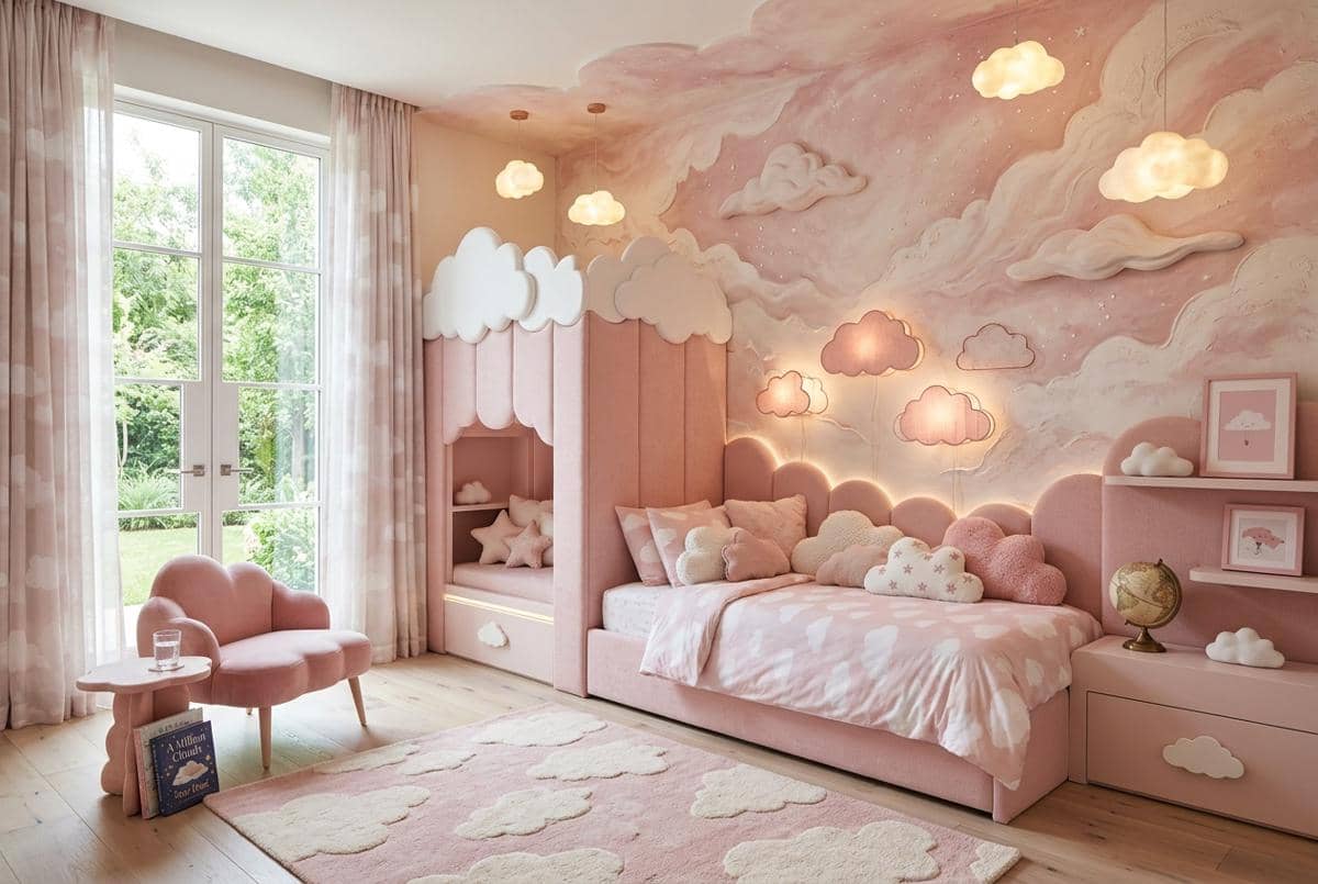 Ide kamar anak perempuan bertema awan dengan dekorasi pink