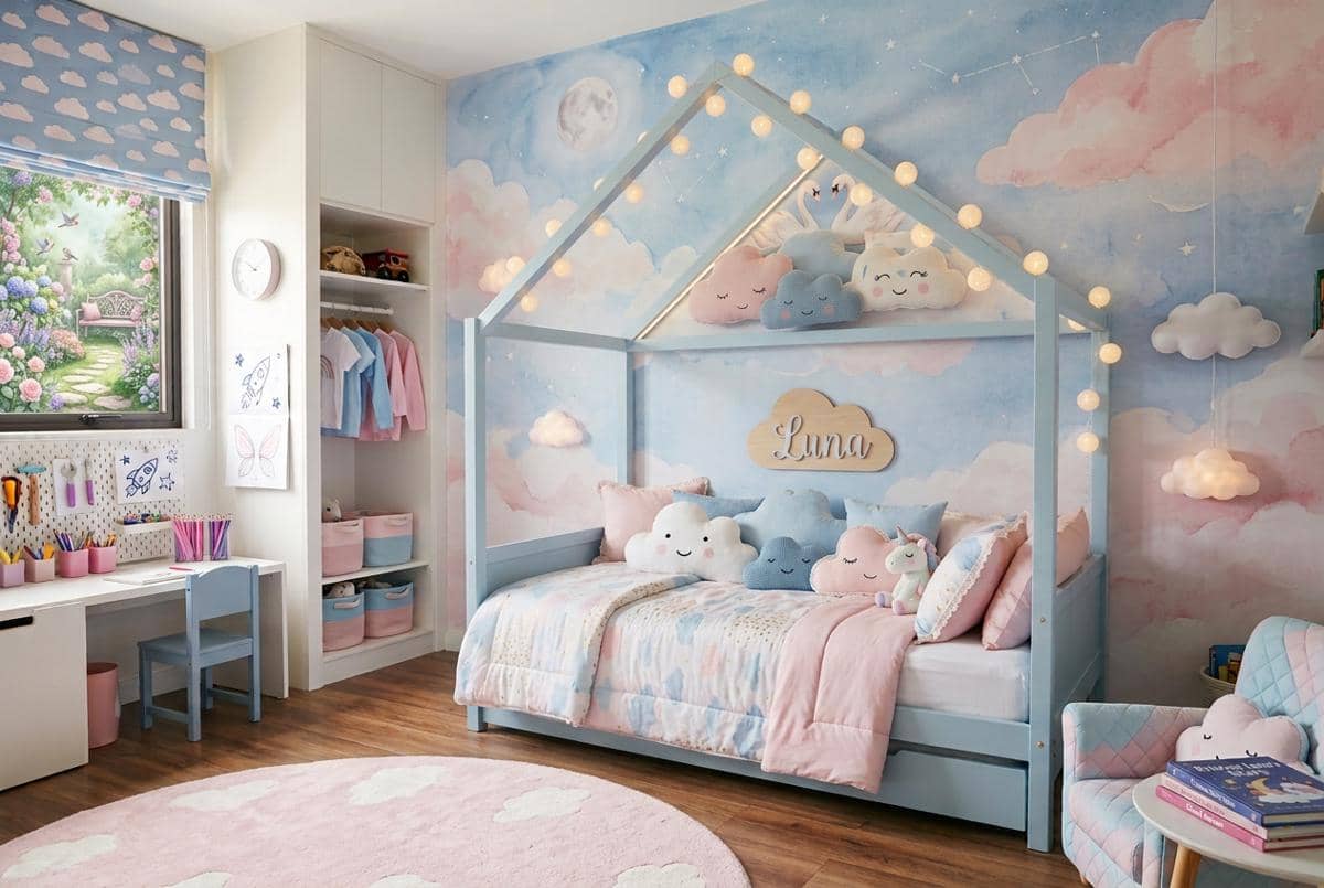 Ide kamar anak perempuan bertema awan dengan sentuhan warna pastel