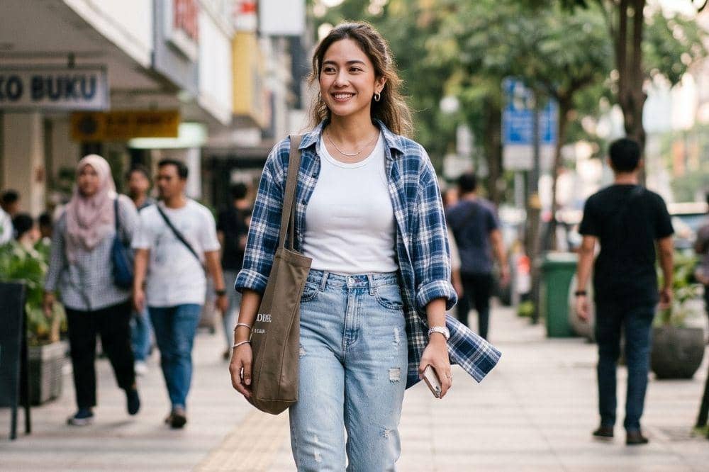 Kemeja oversized jadi outer yang effortless