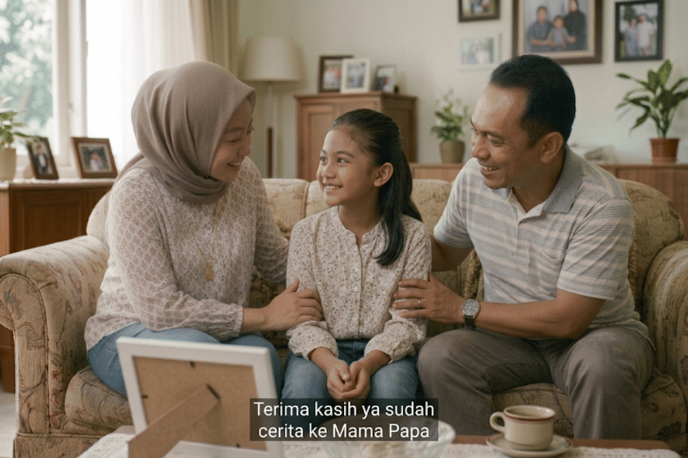 "Terimakasih ya sudah cerita ke Mama Papa"