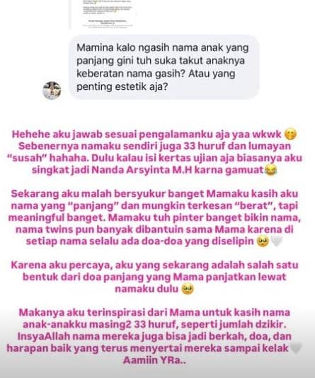Nama anak Nanda Arsyinta dikomentari terlalu panjang