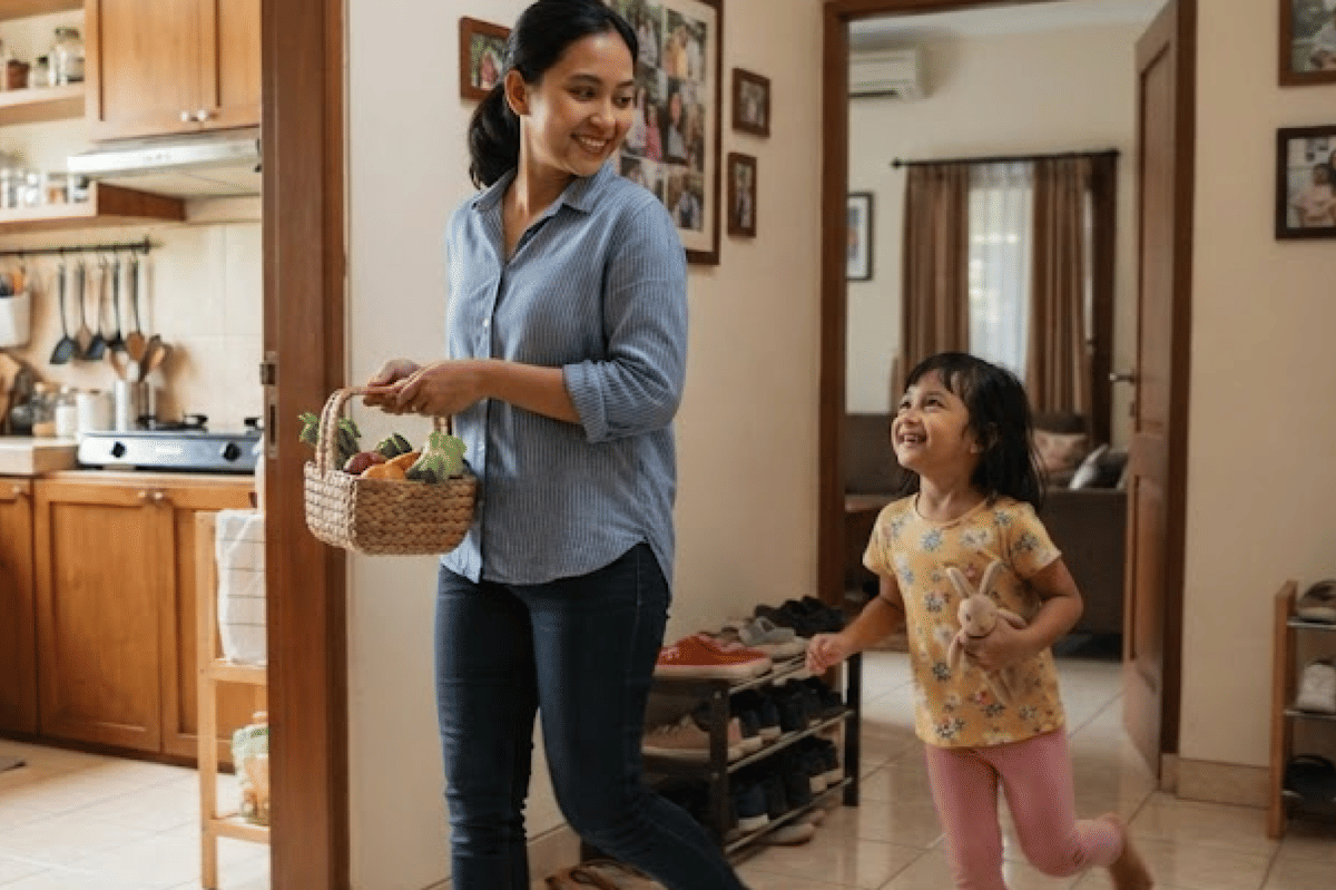 Anak mengikuti mama kemana pun, mungkin ia tidak ingin jauh dari mama