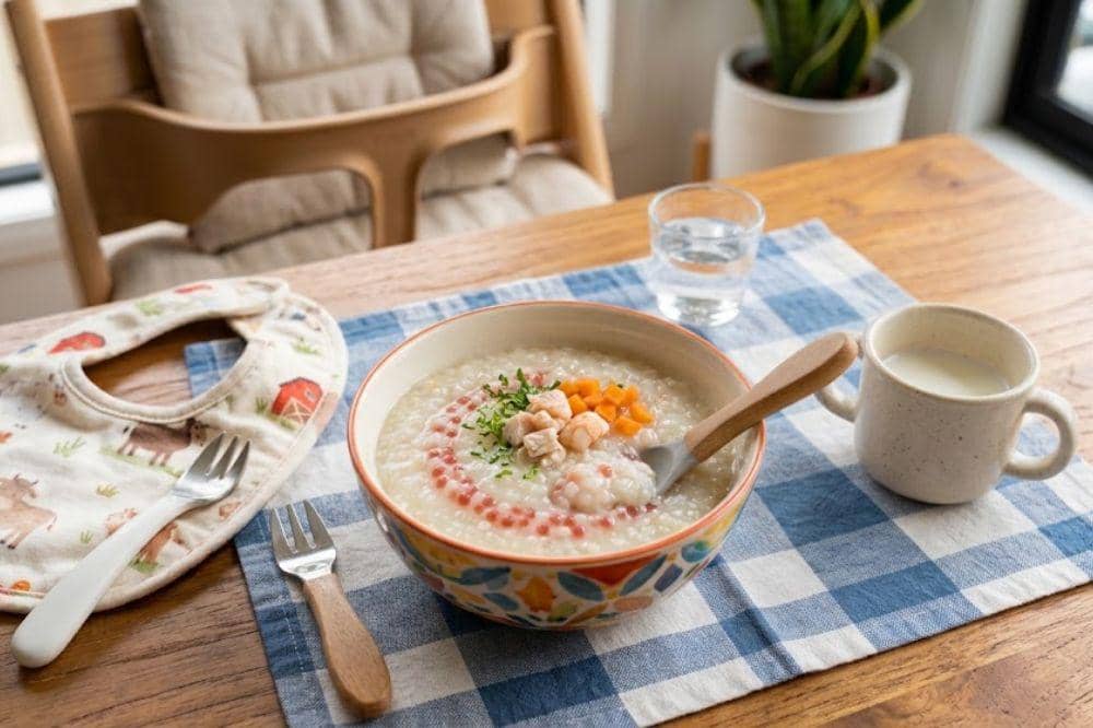 Bubur kanju rumbi ayam dan udang