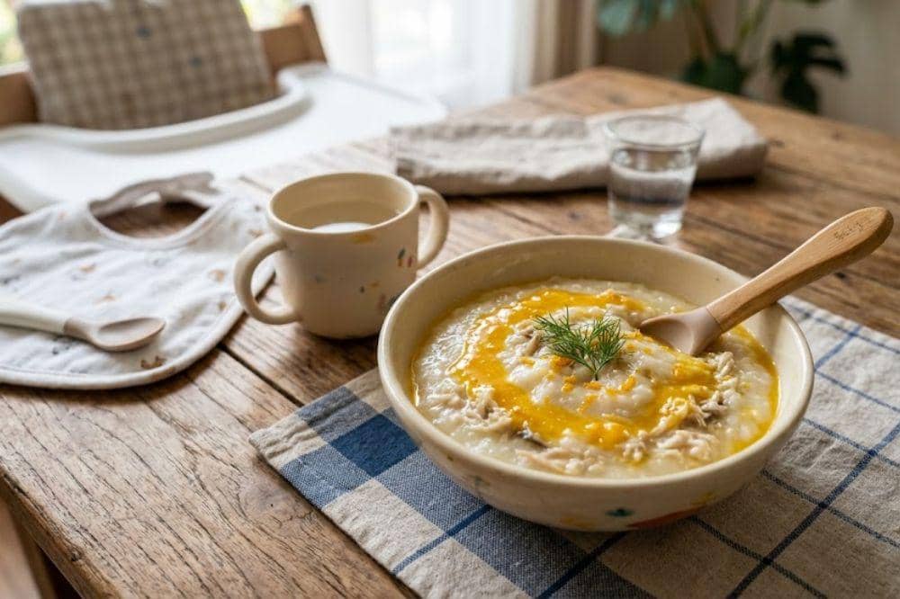 Bubur singkong isi ikan dan ayam dengan saus jeruk