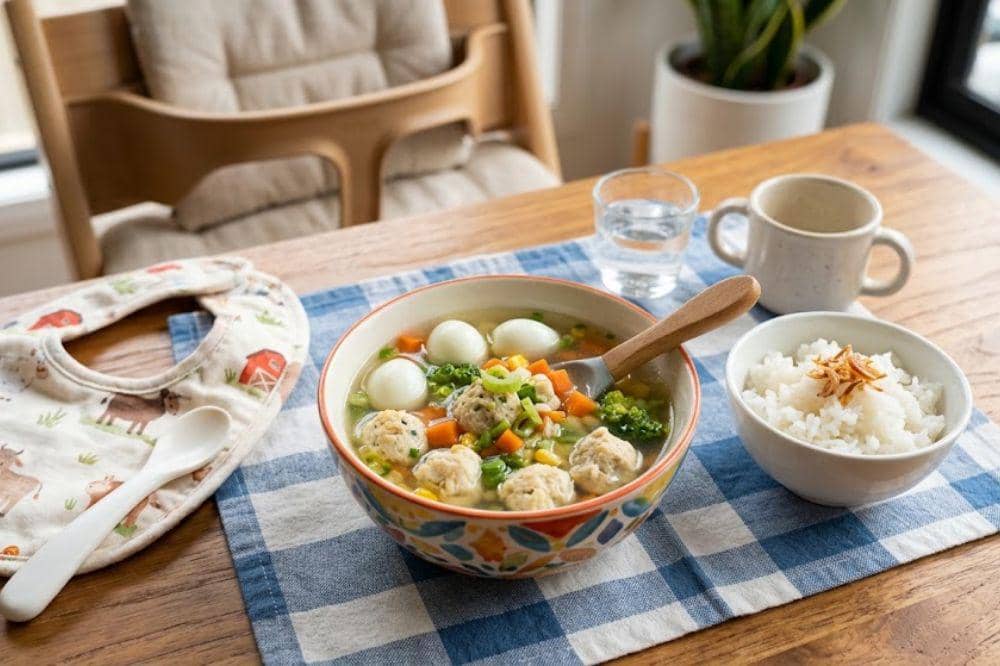 Nasi sup telur puyuh bola tahu ayam