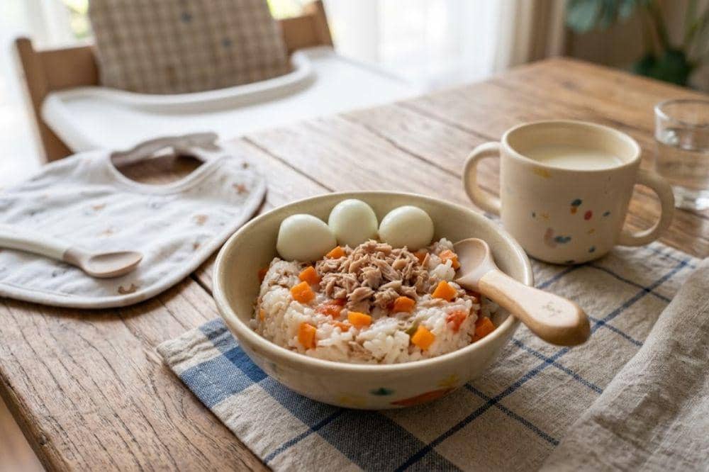 Nasi tim ikan tuna telur puyuh