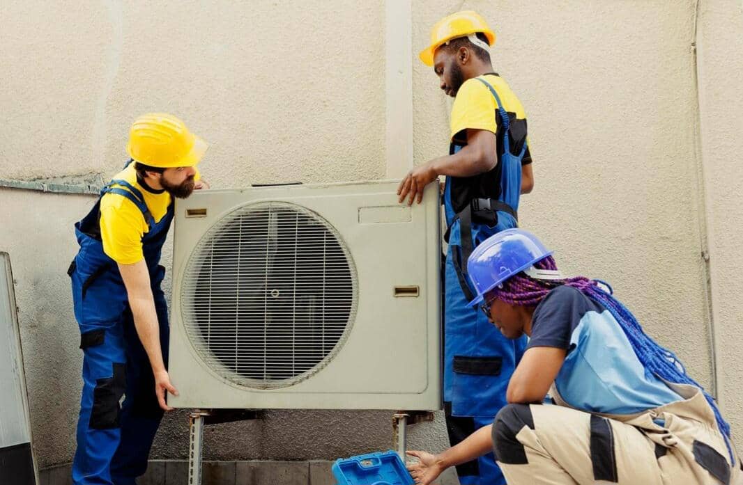 ilustrasi teknisi membersihkan outdoor ac