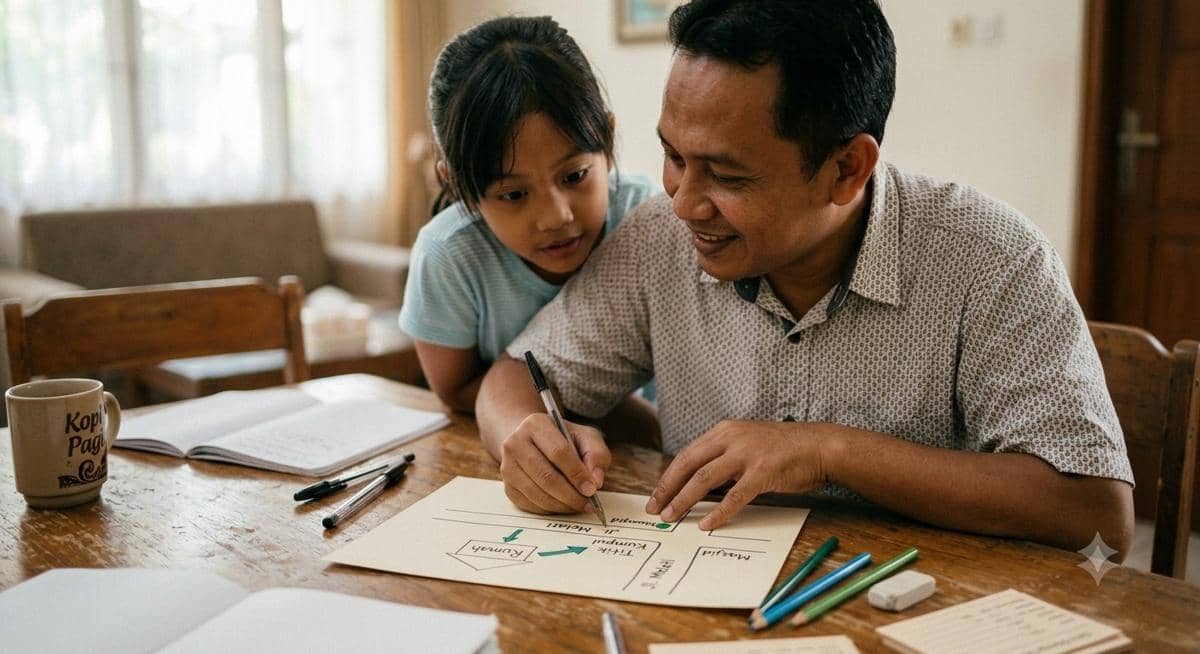 Anak sedang melihat papa membuat peta sederhana