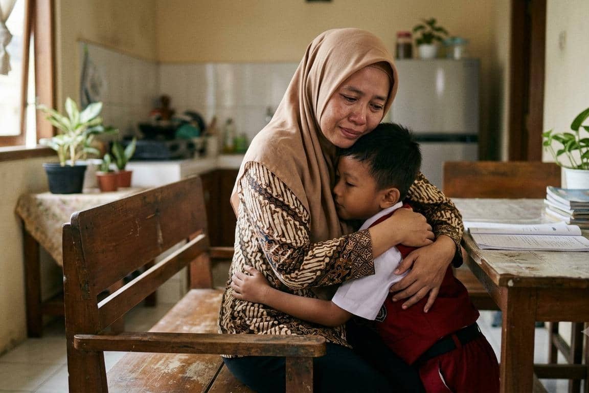 Mama dengan sedih memeluk erat anaknya 
