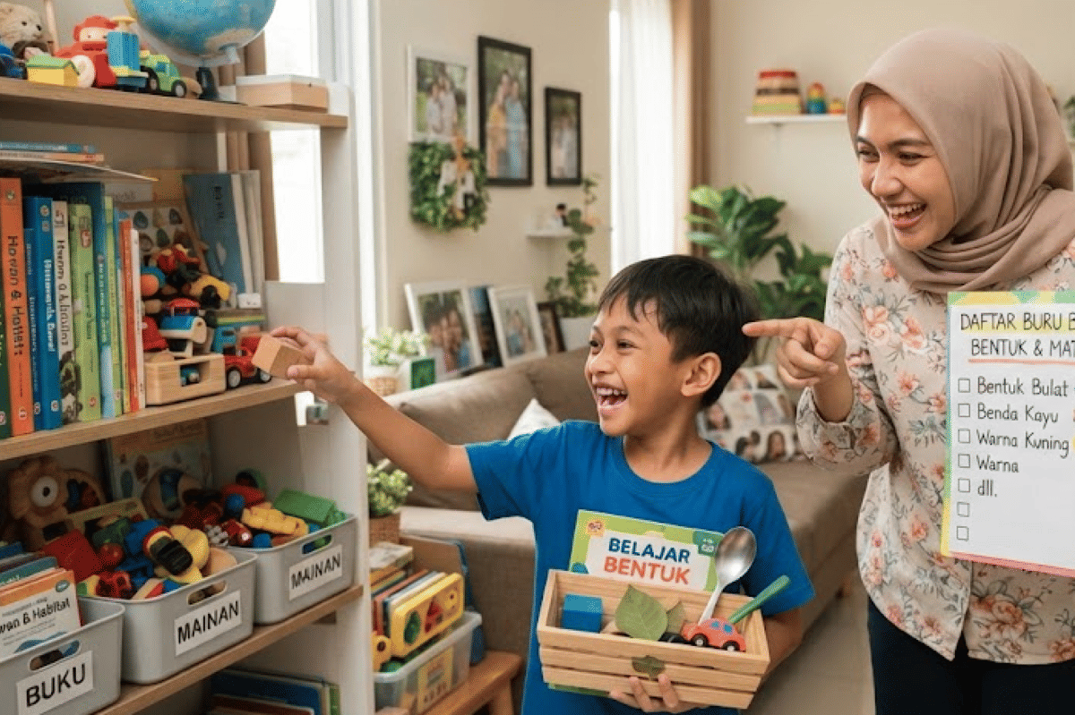 Ajak anak untuk mencari benda  di rumah yang berkaitan dengan pelajaran. 